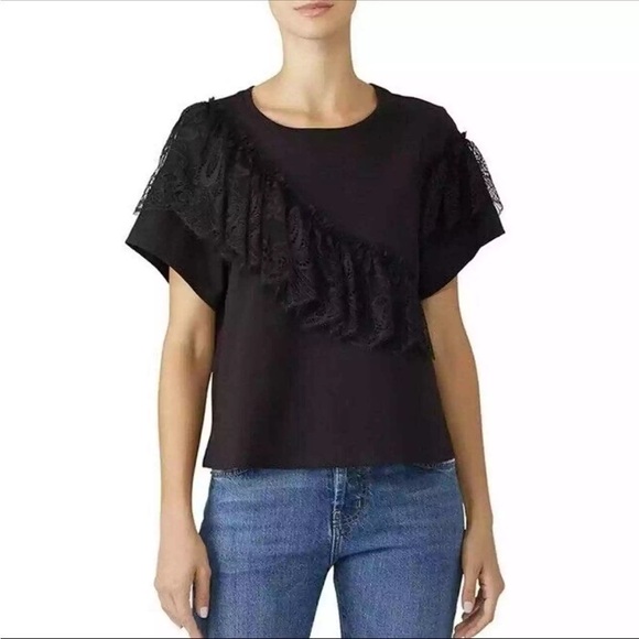 cinq a sept Tops - Cinq a Sept Mia Black Lace Ruffle Cotton Short Sleeve Top medium